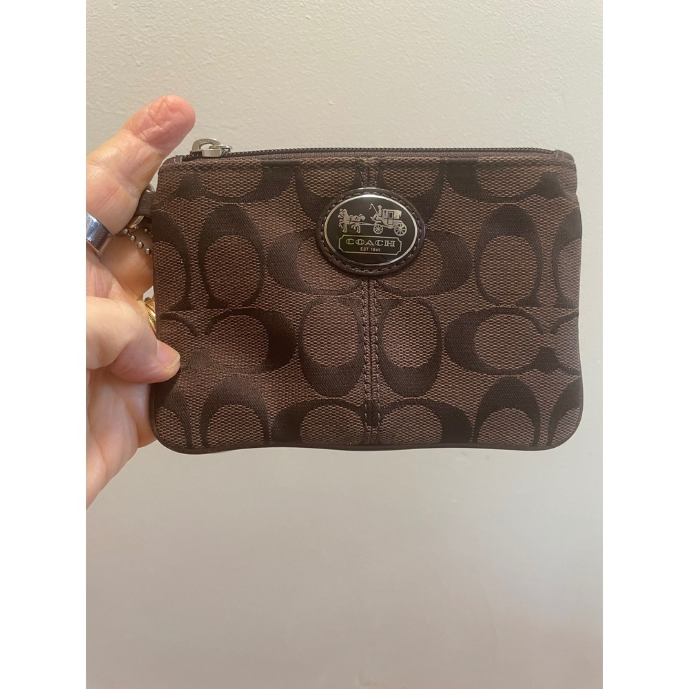 Coach Wristlet Signature Jacquard Dark Brown Canvas Leather Trim - Picture 2 of 5